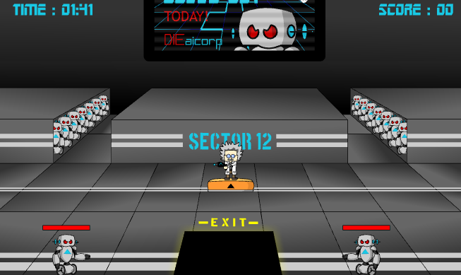 Level one gameplay in Sector 12 with robots entering from both sides